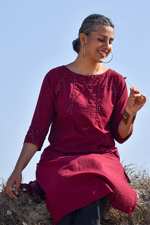 Okhai "Velvet Light" Hand-Embroidered Mirrorwork Pure Cotton Straight Kurta