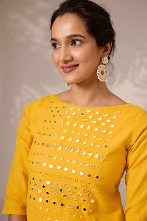 Okhai "Sunbeam Shine" Hand-Embroidered Mirrorwork Pure Cotton Long Kurta