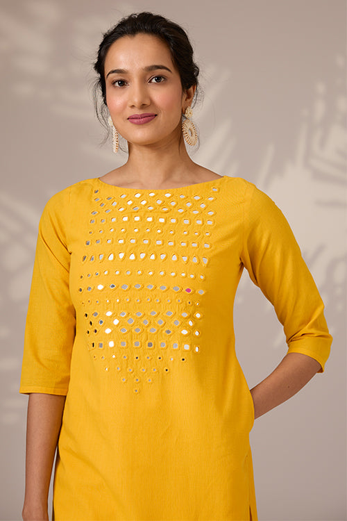 Okhai "Sunbeam Shine" Hand-Embroidered Mirrorwork Pure Cotton Long Kurta