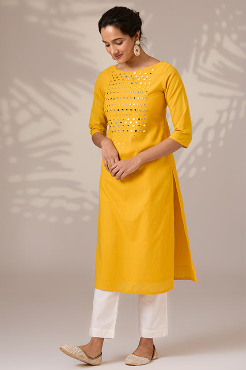 Okhai "Sunbeam Shine" Hand-Embroidered Mirrorwork Pure Cotton Long Kurta