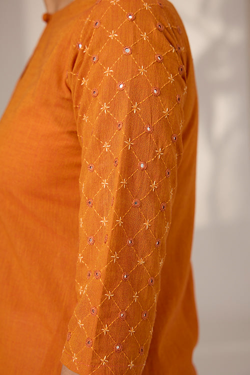 Okhai "Nectarine" Hand-Embroidered Mirrorwork Pure Cotton Long Kurta