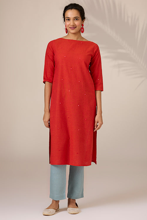 Okhai "Nutmeg" Hand-Embroidered Mirrorwork Pure Cotton Straight Kurta