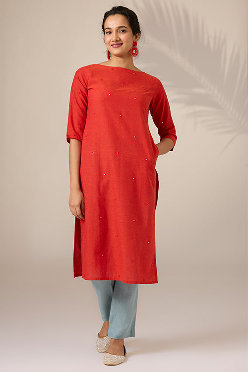 Okhai "Nutmeg" Hand-Embroidered Mirrorwork Pure Cotton Straight Kurta