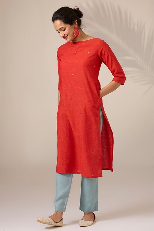 Okhai "Nutmeg" Hand-Embroidered Mirrorwork Pure Cotton Straight Kurta