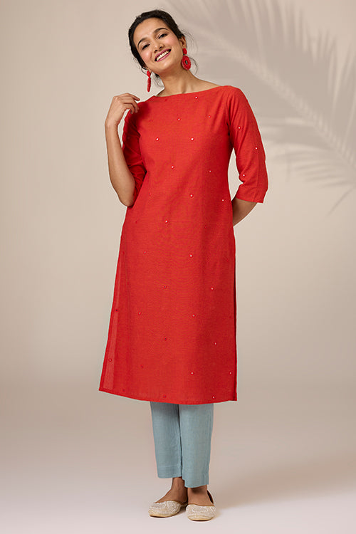 Okhai "Nutmeg" Hand-Embroidered Mirrorwork Pure Cotton Straight Kurta