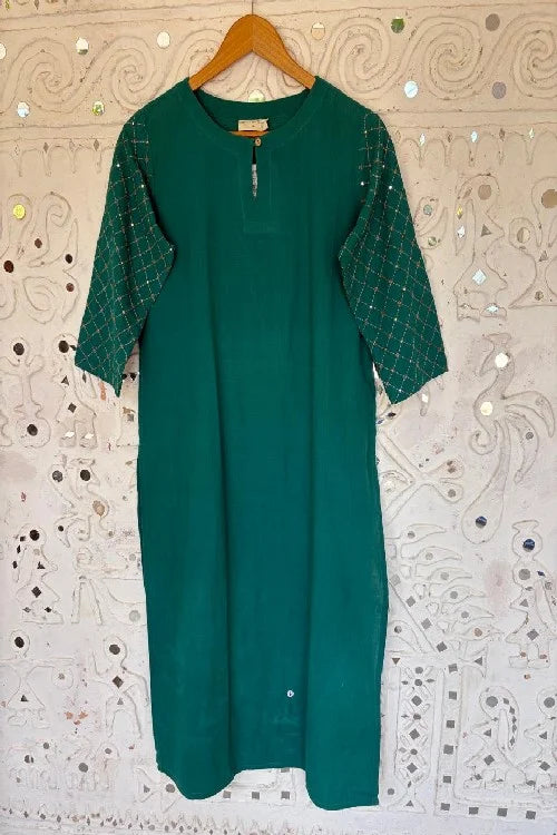 Okhai "Sarang" Hand-Embroidered and Mirrorwork Pure Cotton Emerald Green Kurta | Rescue