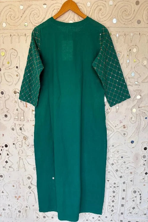 Okhai "Sarang" Hand-Embroidered and Mirrorwork Pure Cotton Emerald Green Kurta | Rescue