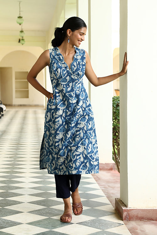 Okhai "Neela Ambar" Hand-Embroidered Beadwork Pure Cotton Indigo Sleeveless Kurta