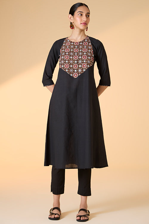 Okhai "Maya" Hand-Embroidered and Mirrorwork Pure Cotton Black Kurta