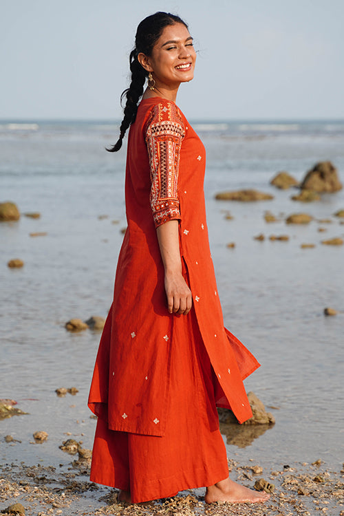 Okhai "Naarang" Hand-Embroidered and Mirror work Pure Cotton V-Neckline Kurta