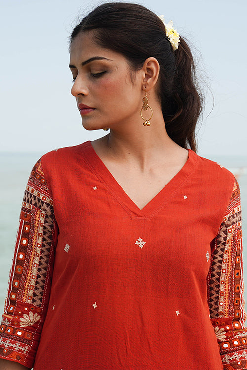 Okhai "Naarang" Hand-Embroidered and Mirror work Pure Cotton V-Neckline Kurta