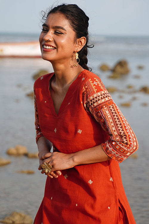 Okhai "Naarang" Hand-Embroidered and Mirror work Pure Cotton V-Neckline Kurta