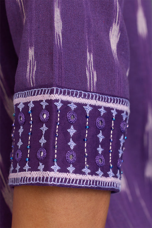 Okhai "Zephyr" Hand-Embroidered Mirrorwork Pure Cotton Ikkat Purple Kurta
