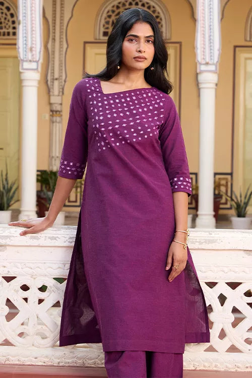 Okhai 'Plum Forest' Pure Cotton Hand Embroidered Mirror Work Kurta