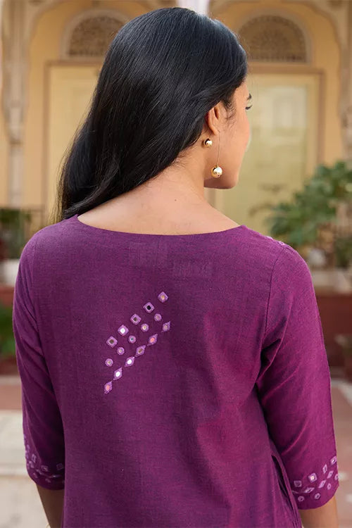 Okhai 'Plum Forest' Pure Cotton Hand Embroidered Mirror Work Kurta