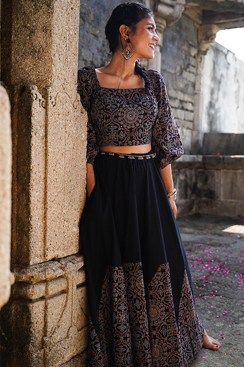 Okhai 'Midnight'  Black Ajrakh Pure Cotton Free Size Skirt