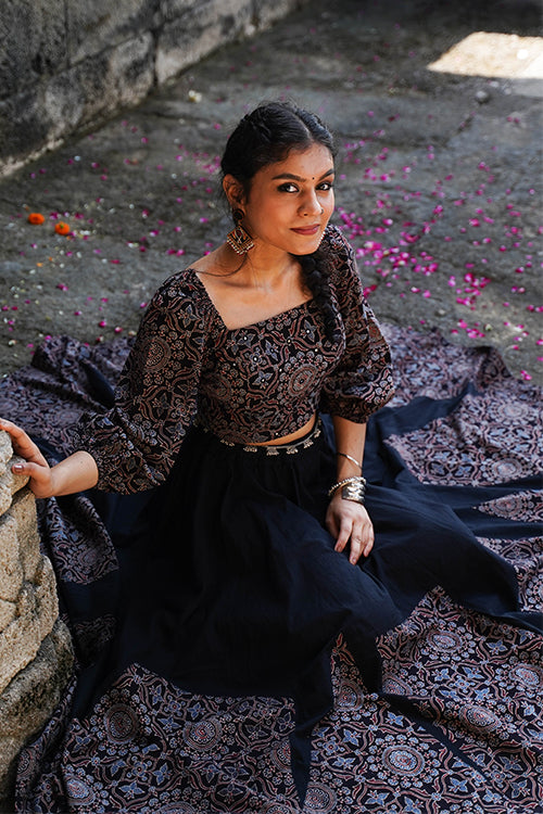 Okhai 'Midnight'  Black Ajrakh Pure Cotton Free Size Skirt