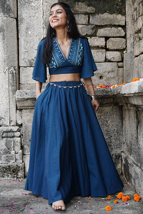 Okhai 'Blue Ember' Blue Pure Cotton Free Size Skirt