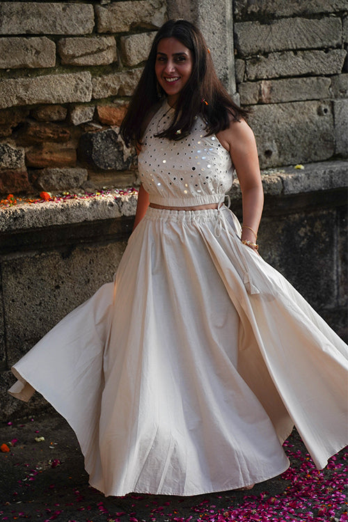 Okhai 'Shining Armour' Off White Pure Cotton Free Size Skirt