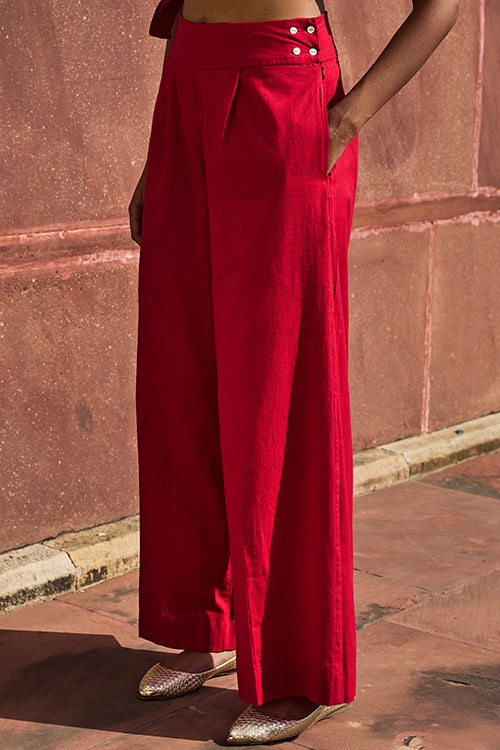 Vaastu Red Pure Cotton High Waisted Pants For Women Online