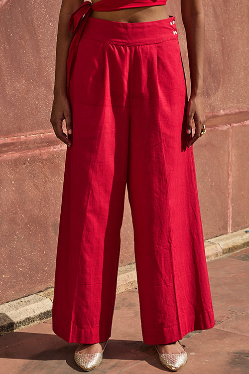 Vaastu Red Pure Cotton High Waisted Pants For Women Online