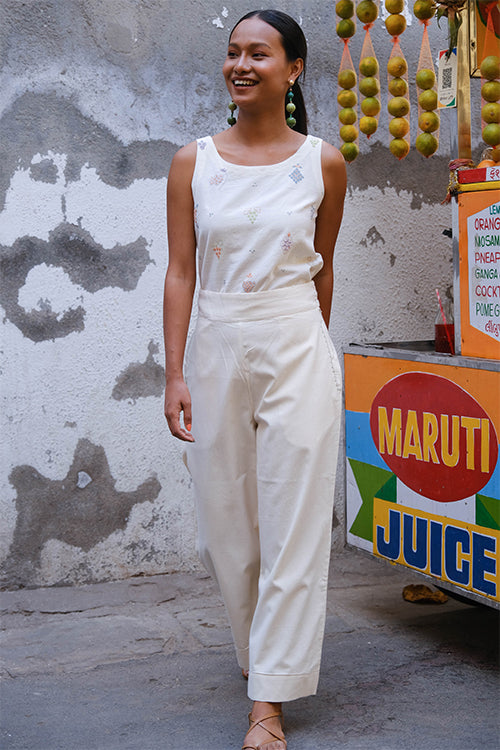 Okhai "Tender Coconut" Suf Embroidered Pure Cotton White Pants