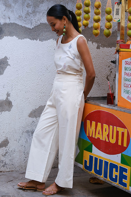 Okhai "Tender Coconut" Suf Embroidered Pure Cotton White Pants
