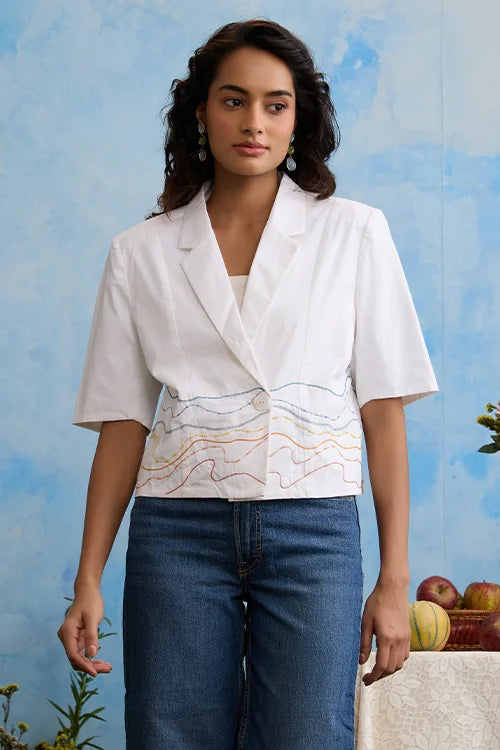 Okhai 'Snow Blossom' Pure Cotton Hand Embroidered Blazer