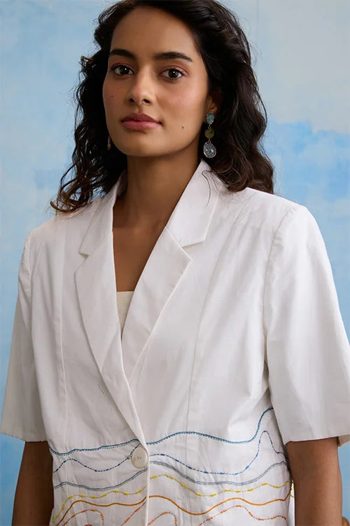 Okhai 'Snow Blossom' Pure Cotton Hand Embroidered Blazer