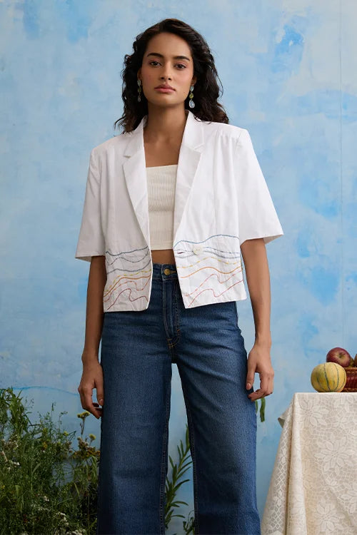 Okhai 'Snow Blossom' Pure Cotton Hand Embroidered Blazer