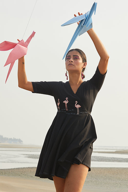 Flamingo Peace Hand Embroidered Dress For Women Online