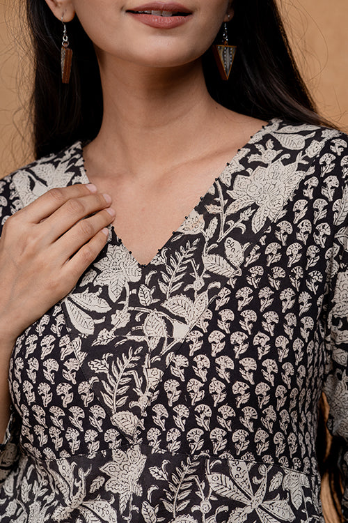 Noir Valley Beadwork Handblock Printed Pure Cotton Dress For Women