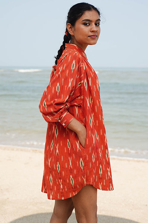Okhai "Oleander" Orange Ikkat Pure Cotton Shirt Dress