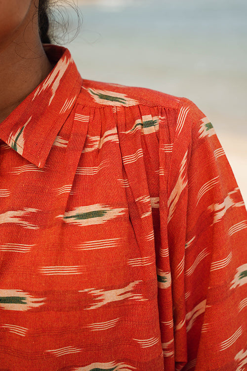 Okhai "Oleander" Orange Ikkat Pure Cotton Shirt Dress