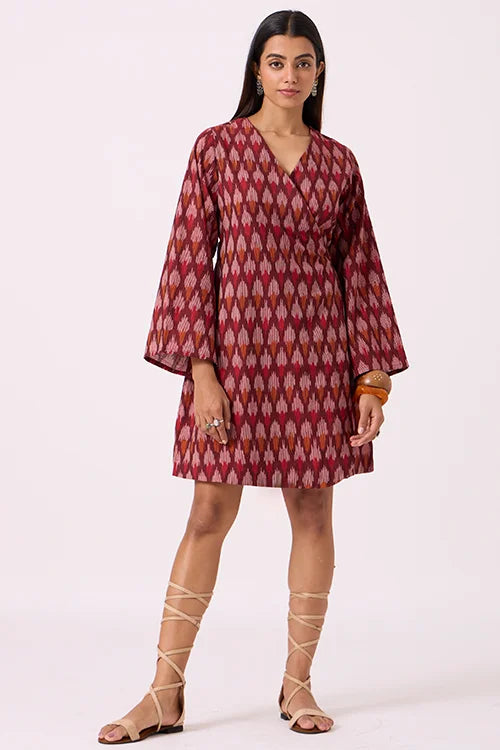 Okhai "Pomello" Pure Cotton Ikat Maroon Wrap Dress
