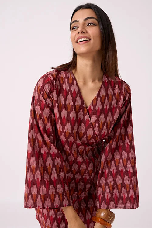 Okhai "Pomello" Pure Cotton Ikat Maroon Wrap Dress