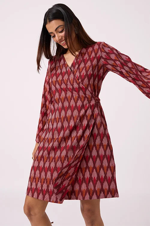 Okhai "Pomello" Pure Cotton Ikat Maroon Wrap Dress