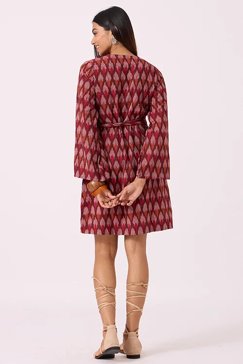 Okhai "Pomello" Pure Cotton Ikat Maroon Wrap Dress