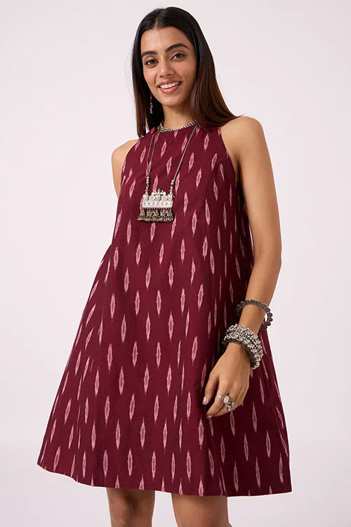 Okhai "Adventure " Pure Cotton Ikat Maroon Dress