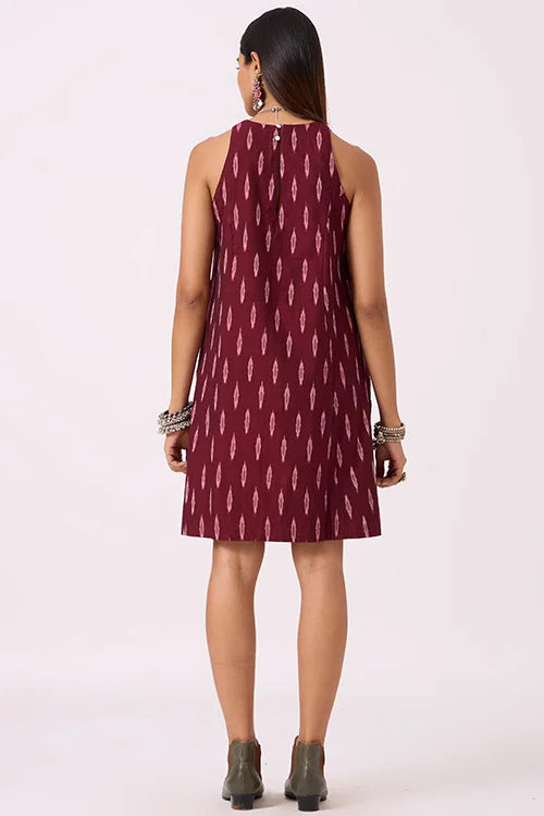 Okhai "Adventure " Pure Cotton Ikat Maroon Dress