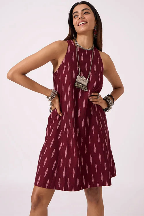 Okhai "Adventure " Pure Cotton Ikat Maroon Dress
