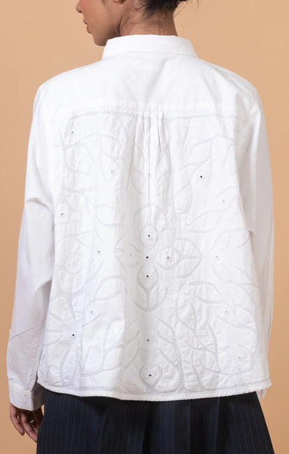 Okhai 'White Harmony' Pure Cotton Applique Work Hand Embroidered Mirror Work Shirt