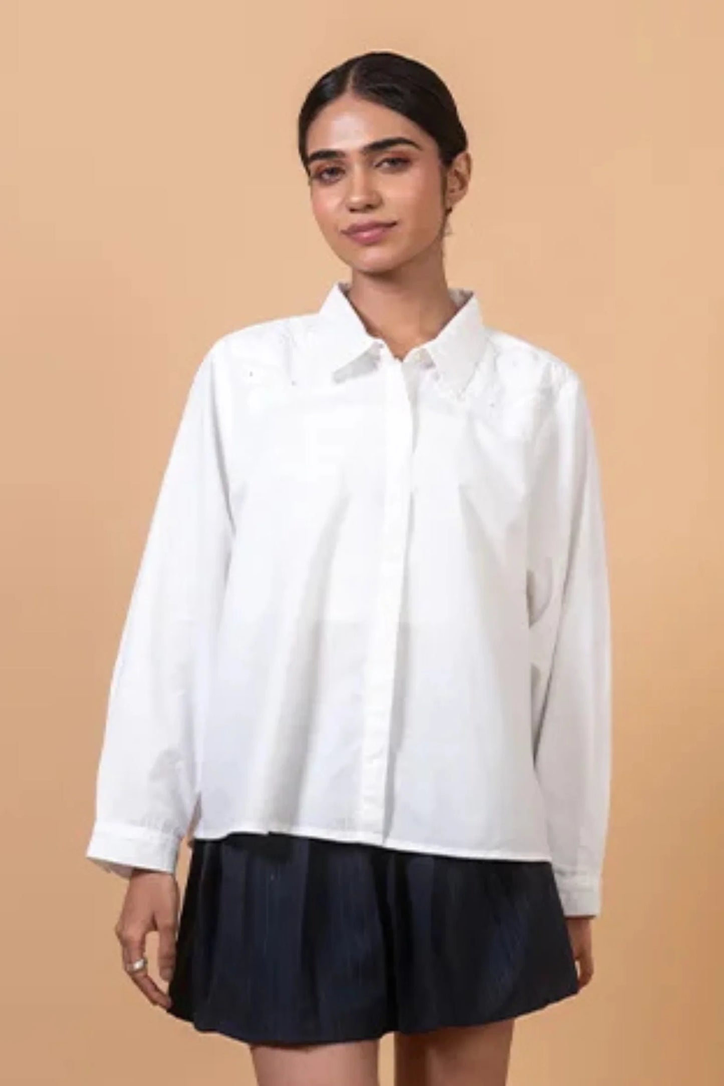Okhai 'White Harmony' Pure Cotton Applique Work Hand Embroidered Mirror Work Shirt