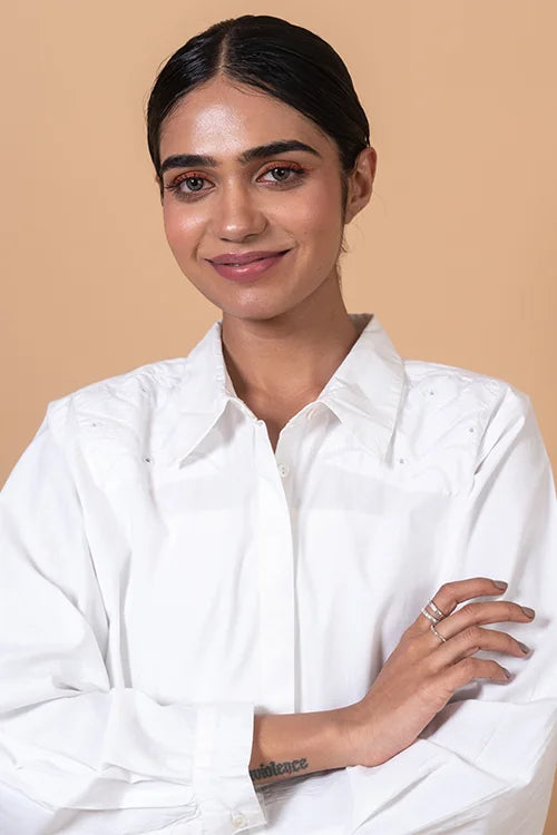 Okhai 'White Harmony' Pure Cotton Applique Work Hand Embroidered Mirror Work Shirt