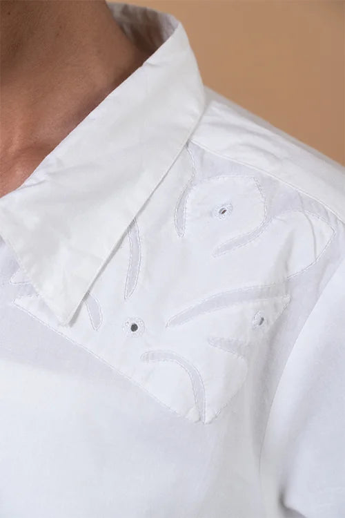 Okhai 'White Harmony' Pure Cotton Applique Work Hand Embroidered Mirror Work Shirt