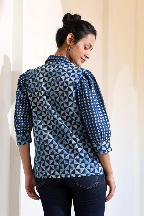 Okhai 'Blue Symmetry' Pure Cotton Hand Block Printed Top