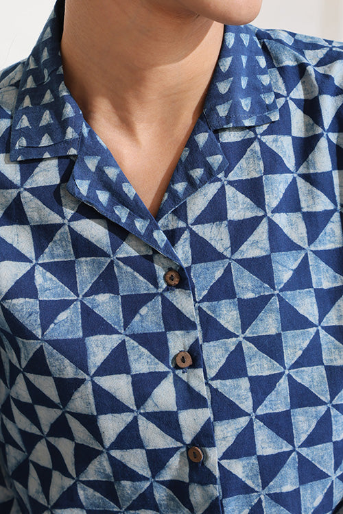 Blue Symmetry Cotton Indigo Hand Block Printed Top For Women Online