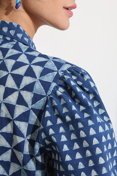 Okhai 'Blue Symmetry' Pure Cotton Hand Block Printed Top