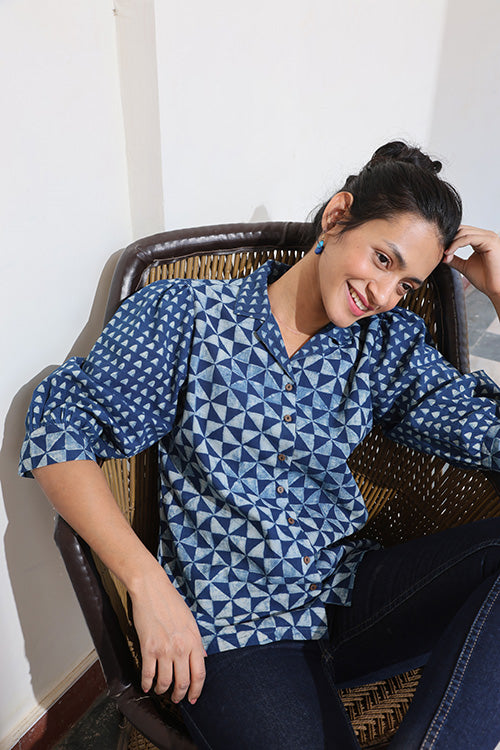 Okhai 'Blue Symmetry' Pure Cotton Hand Block Printed Top