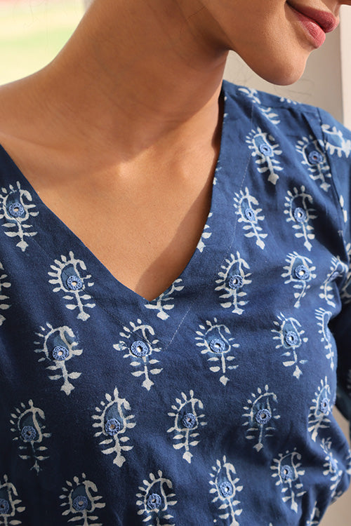 Okhai 'Indigo Paisley' Pure Cotton Hand Embroidered Hand Block Printed Top